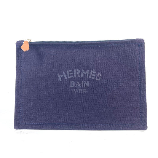 Hermes Pouch Cotton Navy Logo Flat Yachting Pm Unisex(unisex) Used Authentic