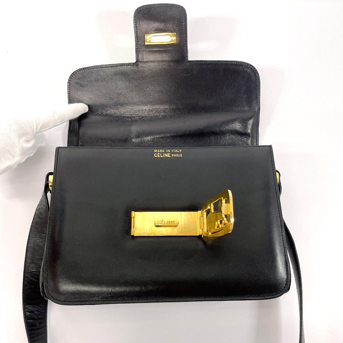 Celine Shoulder Bag Leather Black Carriage Metal Women Used Authentic