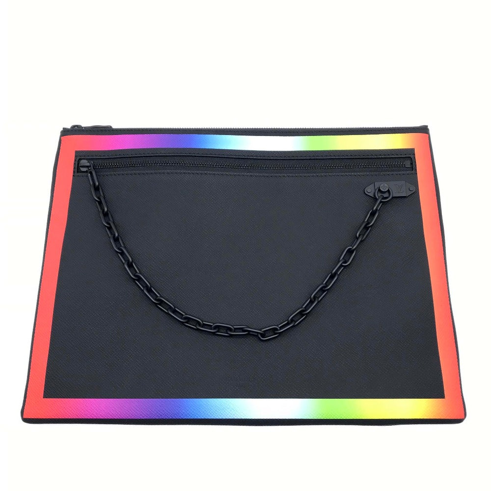 Louis Vuitton Clutch Bag M30347 Taiga Leather Noir X Rainbow Taiga Pochette A4 Chain Mens Used Authentic