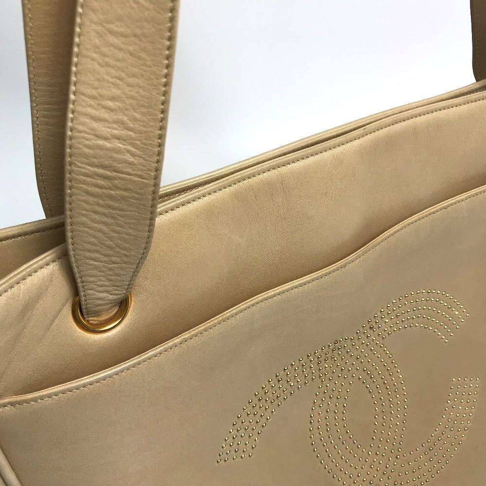 Chanel Tote Bag Lambskin Beige Bag Shoulder Bag Cc Coco Mark Logo Studs Women Used Authentic