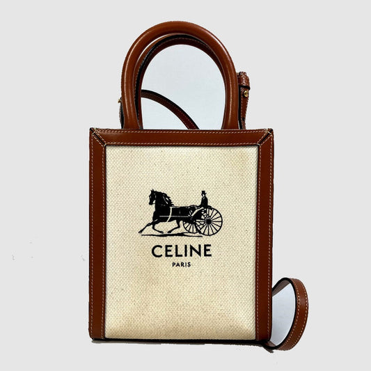 Celine Shoulder Bag 193302 Dci.02 Nt Canvas / Leather Beige Carriage Vertical Hippo Mini Women Used Authentic