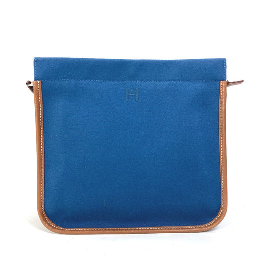 Hermes Clutch Bag Canvas / Leather Navy Embroidery Logo Camille Mens Used Authentic