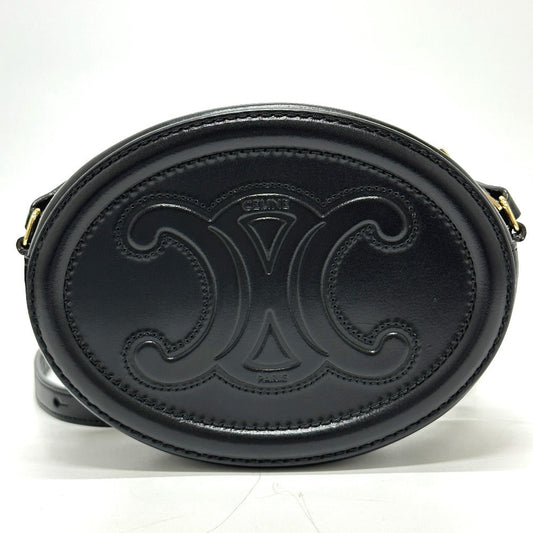 Celine Shoulder Bag Leather Black Triomphe Oval Purse Cuir Women Used Authentic