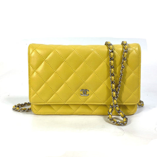 Chanel Shoulder Bag Ap0250 Lambskin Yellow Cc Coco Mark Matrasse Quilting Women Used Authentic