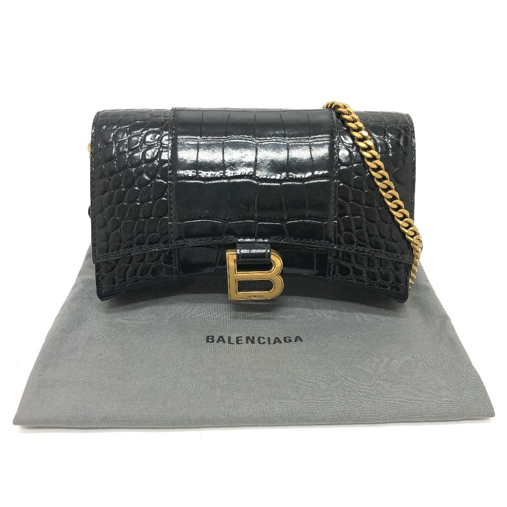 Balenciaga Shoulder Bag 656050 Leather Black B Logo Hour Glass Women Used Authentic