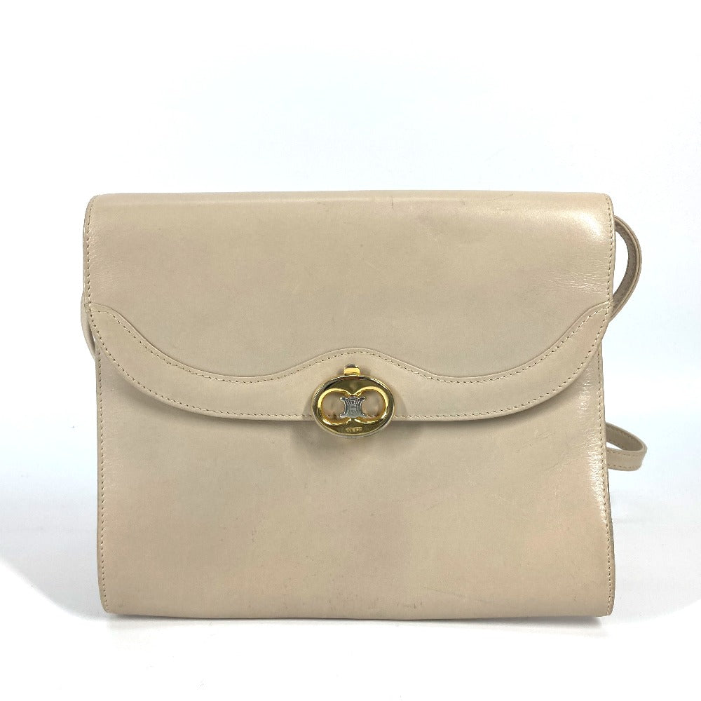 Celine Shoulder Bag Leather Beige Pochette Bag Crossbody Triomphe Women Used Authentic