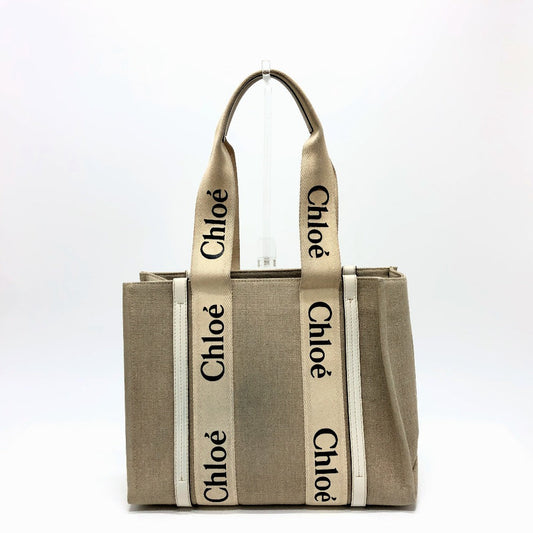 Chloe Tote Bag Canvas Beige Logo Woody Medium Unisex(unisex) Used Authentic