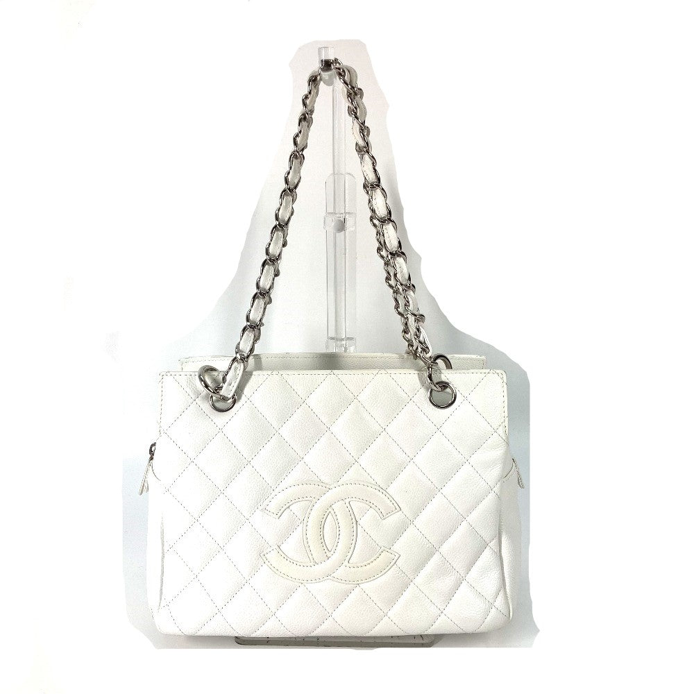 Chanel Tote Bag Caviar Skin White Cc Coco Mark Timeless Matelasse Quilting Women Used Authentic