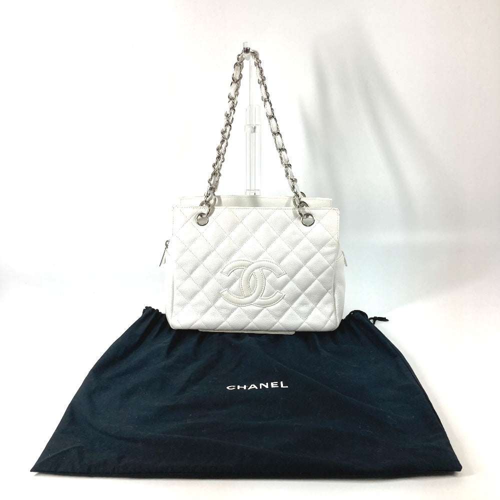 Chanel Tote Bag Caviar Skin White Cc Coco Mark Timeless Matelasse Quilting Women Used Authentic