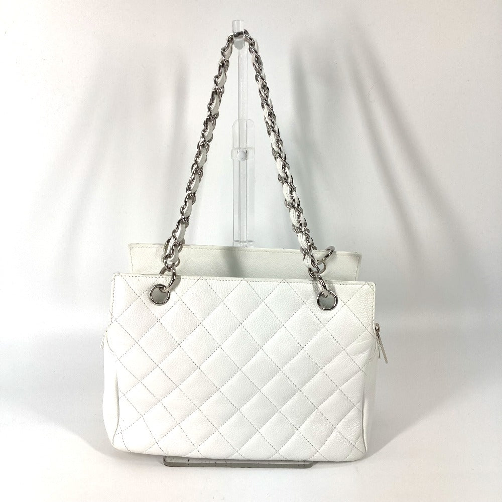 Chanel Tote Bag Caviar Skin White Cc Coco Mark Timeless Matelasse Quilting Women Used Authentic