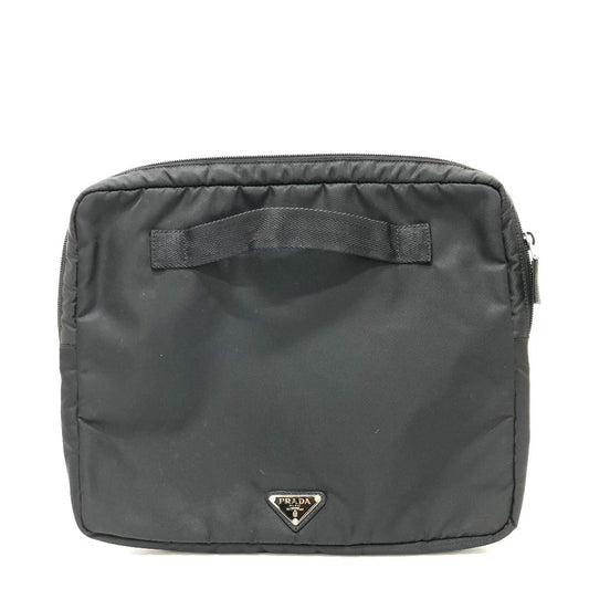 Prada Clutch Bag Nylon Black Handbag Pc Case Triangle Logo Unisex(unisex) Used Authentic