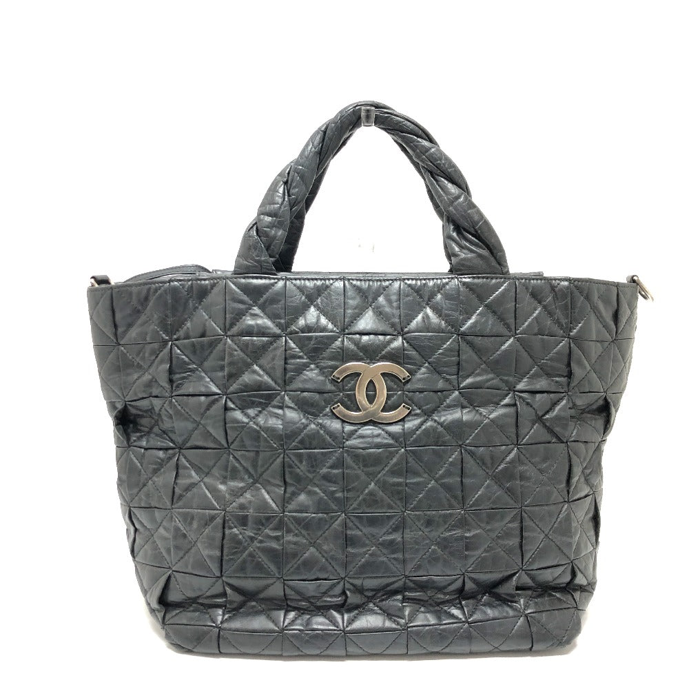 Chanel Tote Bag Leather Black Woven Shoulder Bag Cc Coco Mark Quilting Women Used Authentic