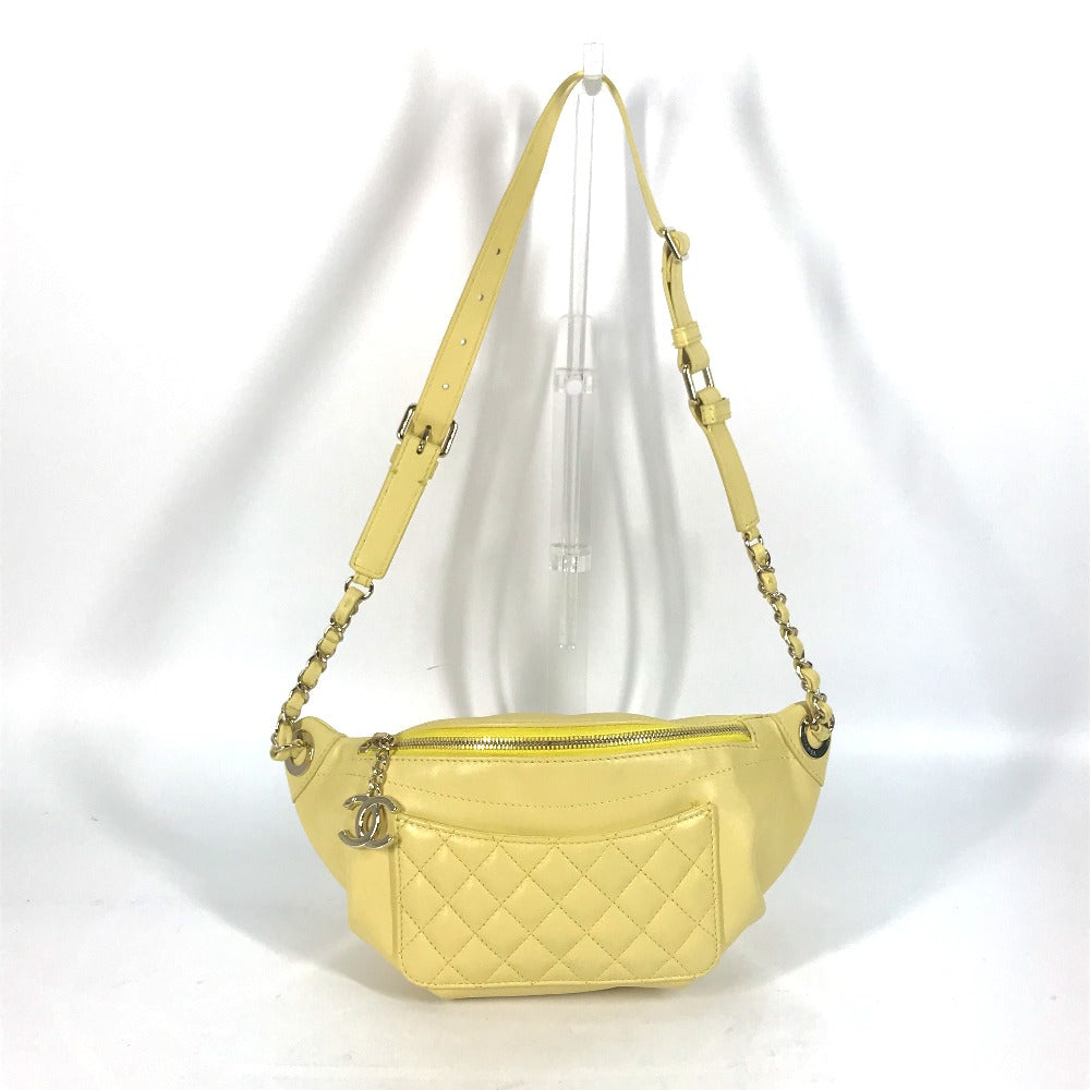 Chanel Sling Bag A57832 Lambskin Yellow Chain Belt Bag Waist Pouch Cc Coco Mark Women Used Authentic