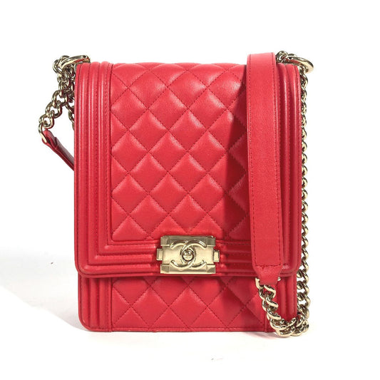 Chanel Shoulder Bag Leather Red Cc Coco Mark Quilting Matelasse Vertical Boy Chanel Women Used Authentic