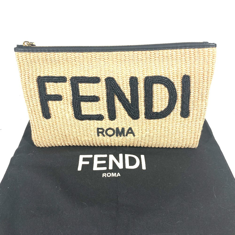 Fendi Clutch Bag 8 N0149 Raffia, Leather Beige Straw Logo