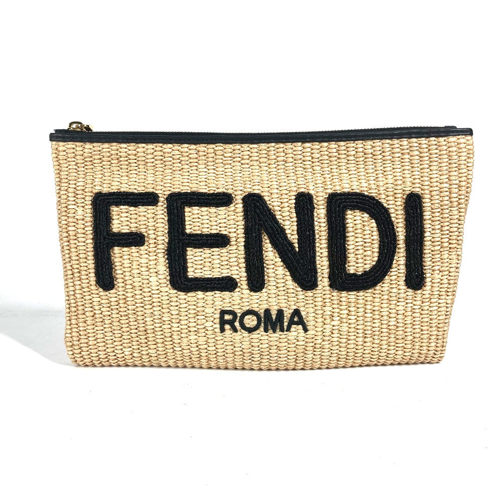 Fendi Clutch Bag 8 N0149 Raffia, Leather Beige Straw Logo