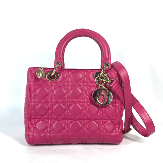 Dior Handbag Lambskin Pink Crossbody Lady Dior Women Used Authentic