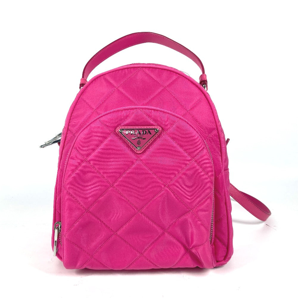 Prada Backpack 1 Bz066 Nylon, Saffiano Leather Pink Triangle Logo Plate Quilted Backpack Women Used Authentic