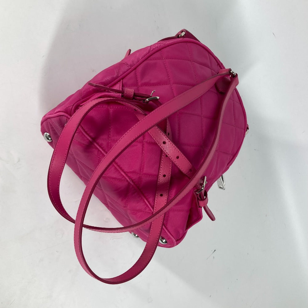 Prada Backpack 1 Bz066 Nylon, Saffiano Leather Pink Triangle Logo Plate Quilted Backpack Women Used Authentic