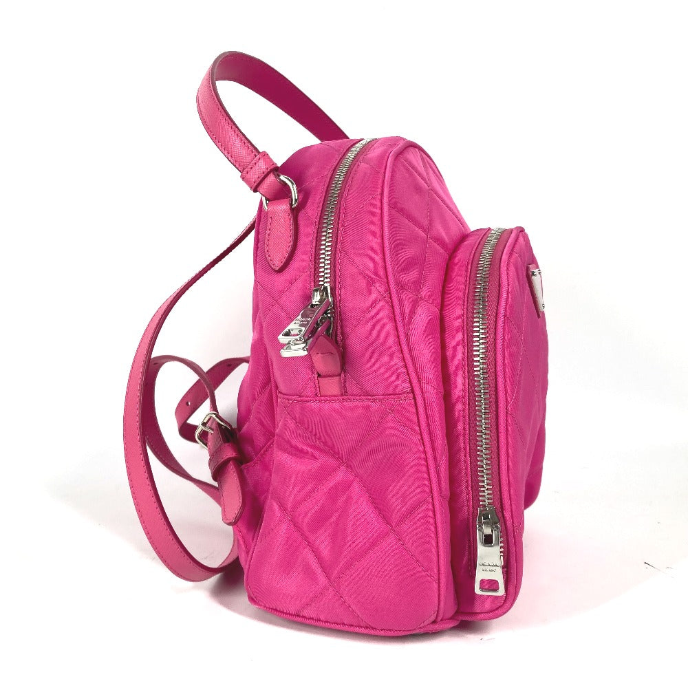 Prada Backpack 1 Bz066 Nylon, Saffiano Leather Pink Triangle Logo Plate Quilted Backpack Women Used Authentic