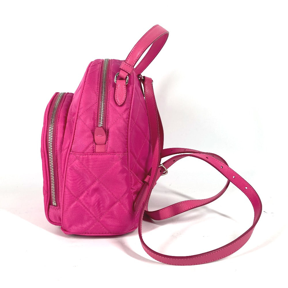 Prada Backpack 1 Bz066 Nylon, Saffiano Leather Pink Triangle Logo Plate Quilted Backpack Women Used Authentic