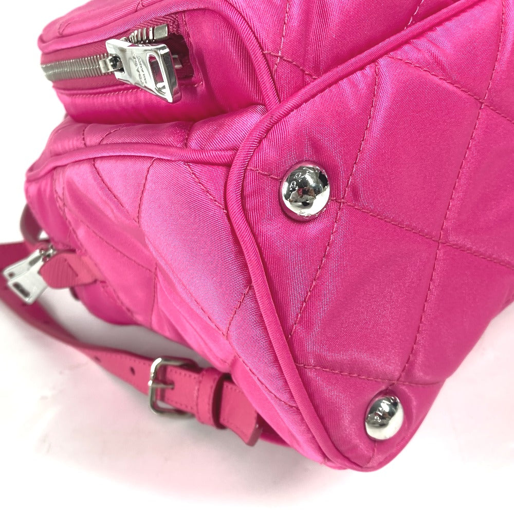 Prada Backpack 1 Bz066 Nylon, Saffiano Leather Pink Triangle Logo Plate Quilted Backpack Women Used Authentic