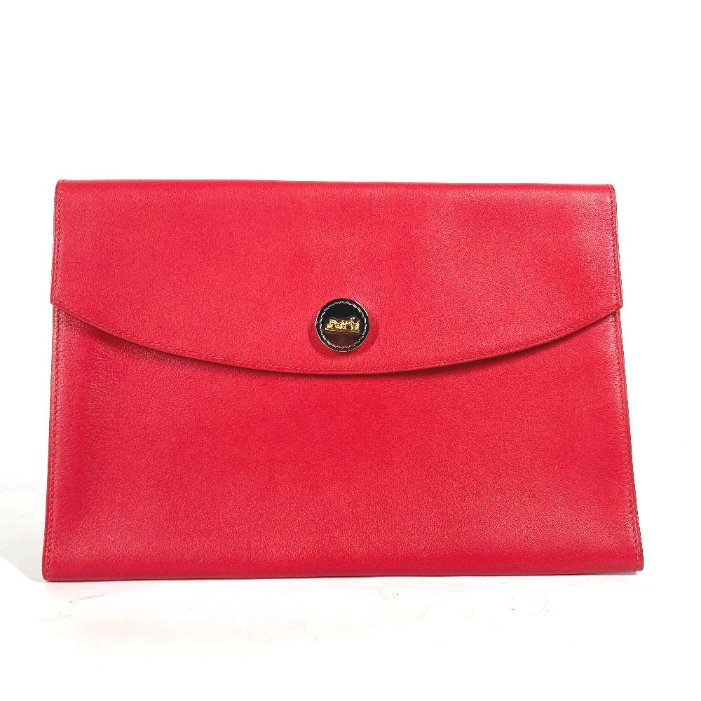 Hermes Clutch Bag Leather Red Vintage Logo Women Used Authentic