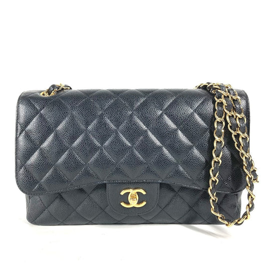 Chanel Shoulder Bag Caviar Skin Black Chain Bag Matelasse 30 Quilting Women Used Authentic