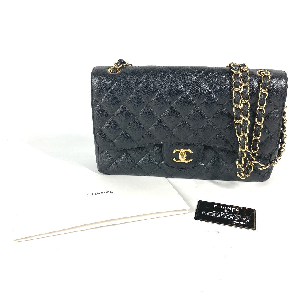 Chanel Shoulder Bag Caviar Skin Black Chain Bag Matelasse 30 Quilting Women Used Authentic