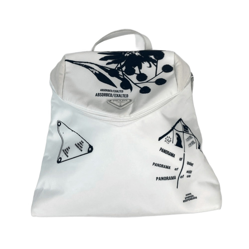 Prada Backpack 1 Bz07 Nylon White Logo Bicolor Signeau Print Unisex(unisex) Used Authentic