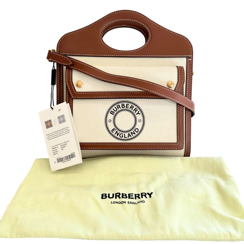 Burberry Handbag Canvas, Calfskin Brown White 2 Way Shoulder Pocket Bag Women Secondhand Authentic