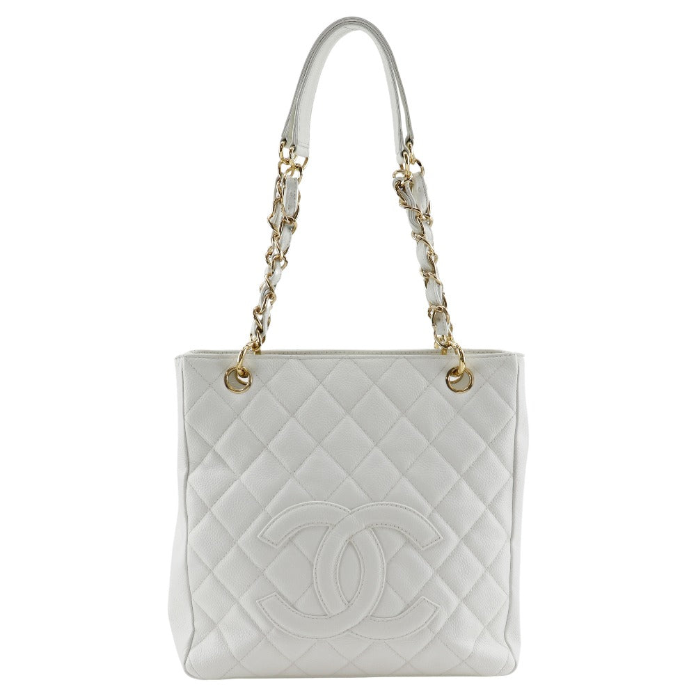 Chanel Shoulder Bag Caviar Skin White Pst Chain Tote Women Used Authentic