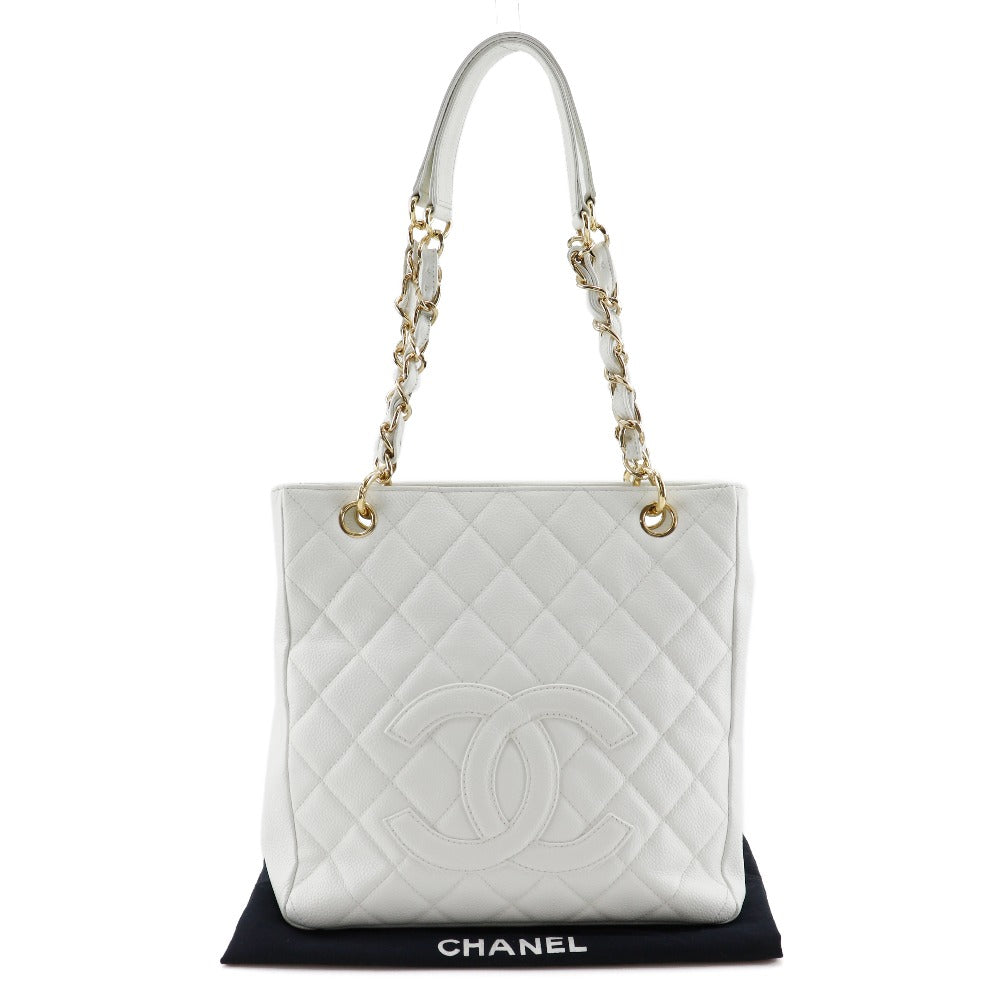 Chanel Shoulder Bag Caviar Skin White Pst Chain Tote Women Used Authentic