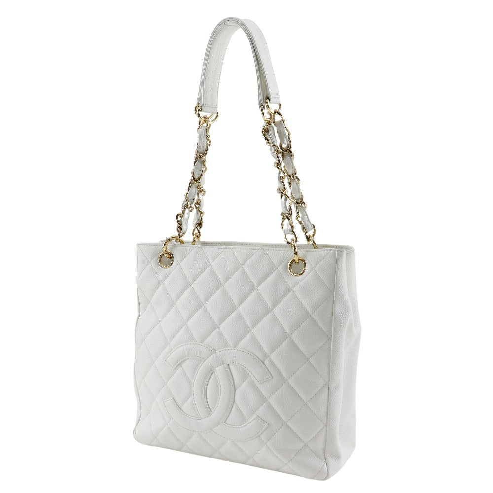 Chanel Shoulder Bag Caviar Skin White Pst Chain Tote Women Used Authentic