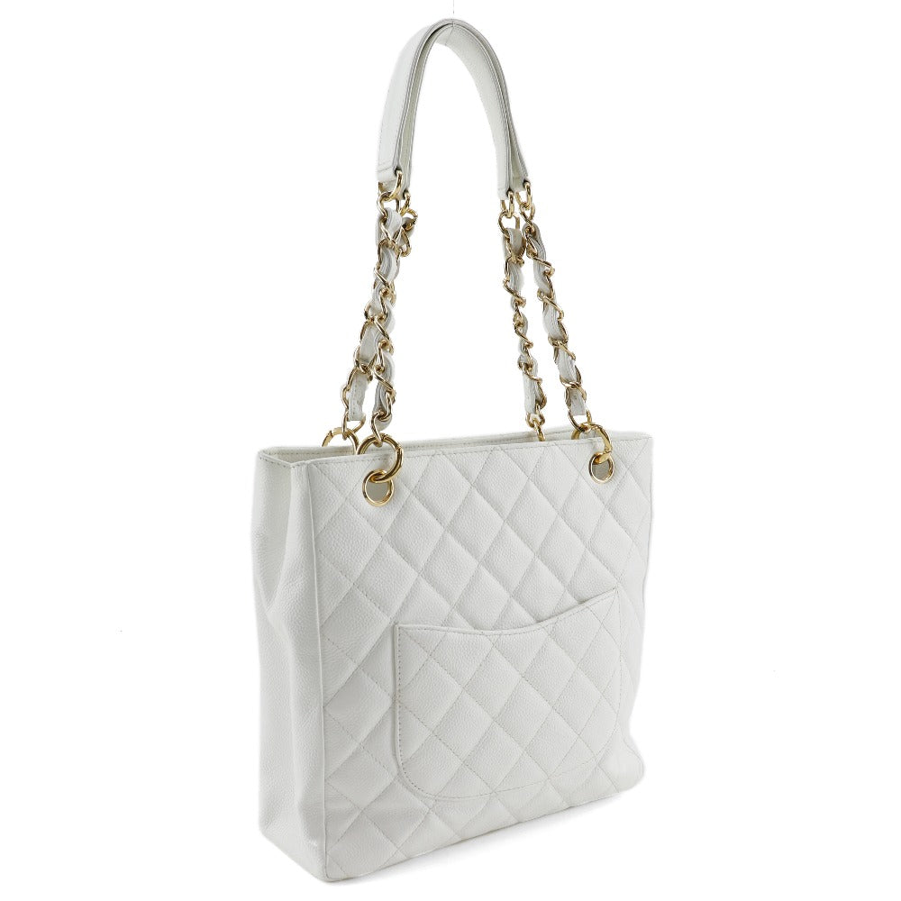 Chanel Shoulder Bag Caviar Skin White Pst Chain Tote Women Used Authentic