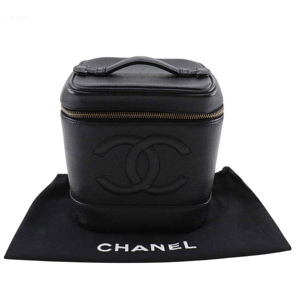 Chanel Pouch A01998 Caviar Skin Black Handbag Coco Mark Vanity Women Used Authentic