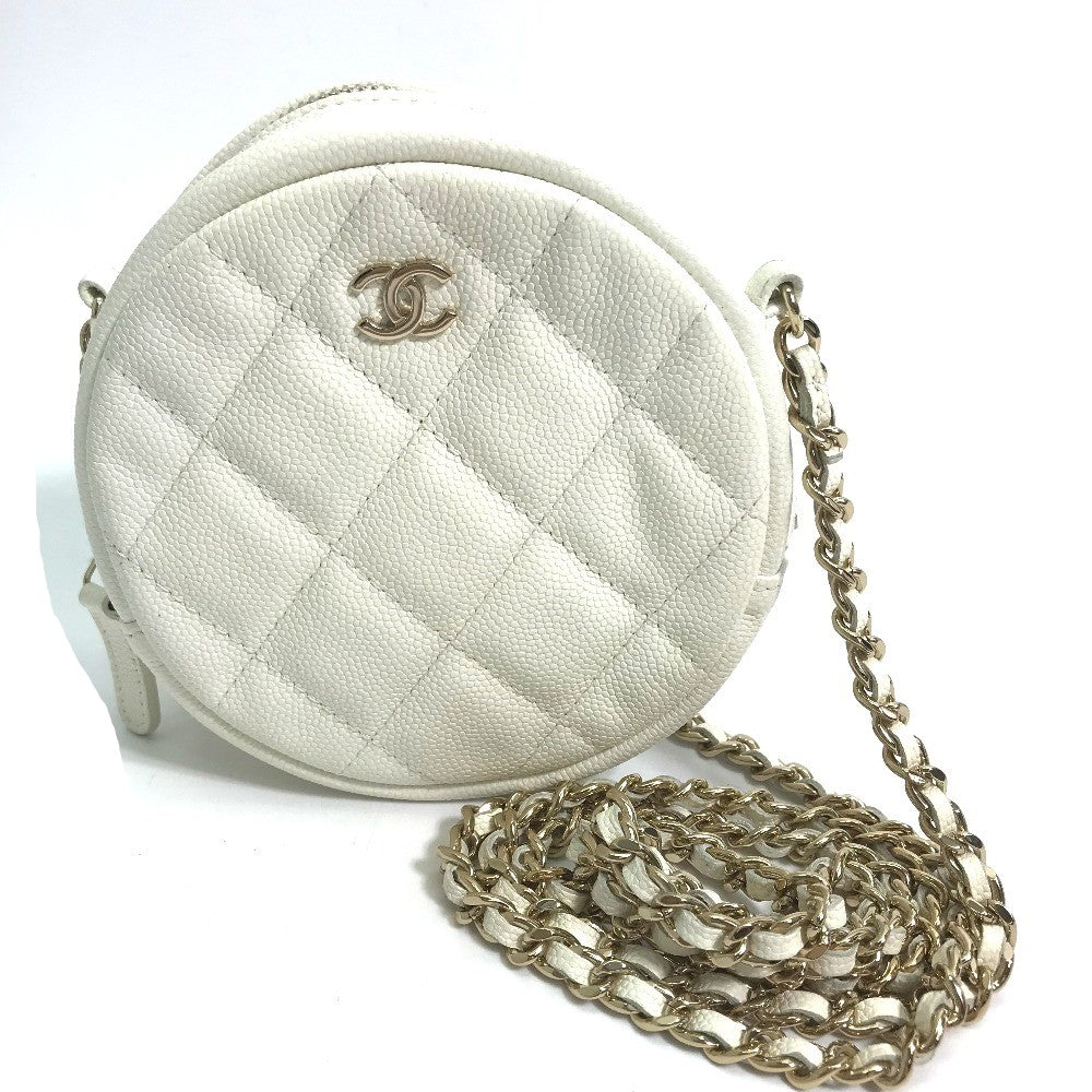 Chanel Shoulder Bag Caviar Skin White Cc Coco Mark Quilted Pochette Matelasse Women Used Authentic