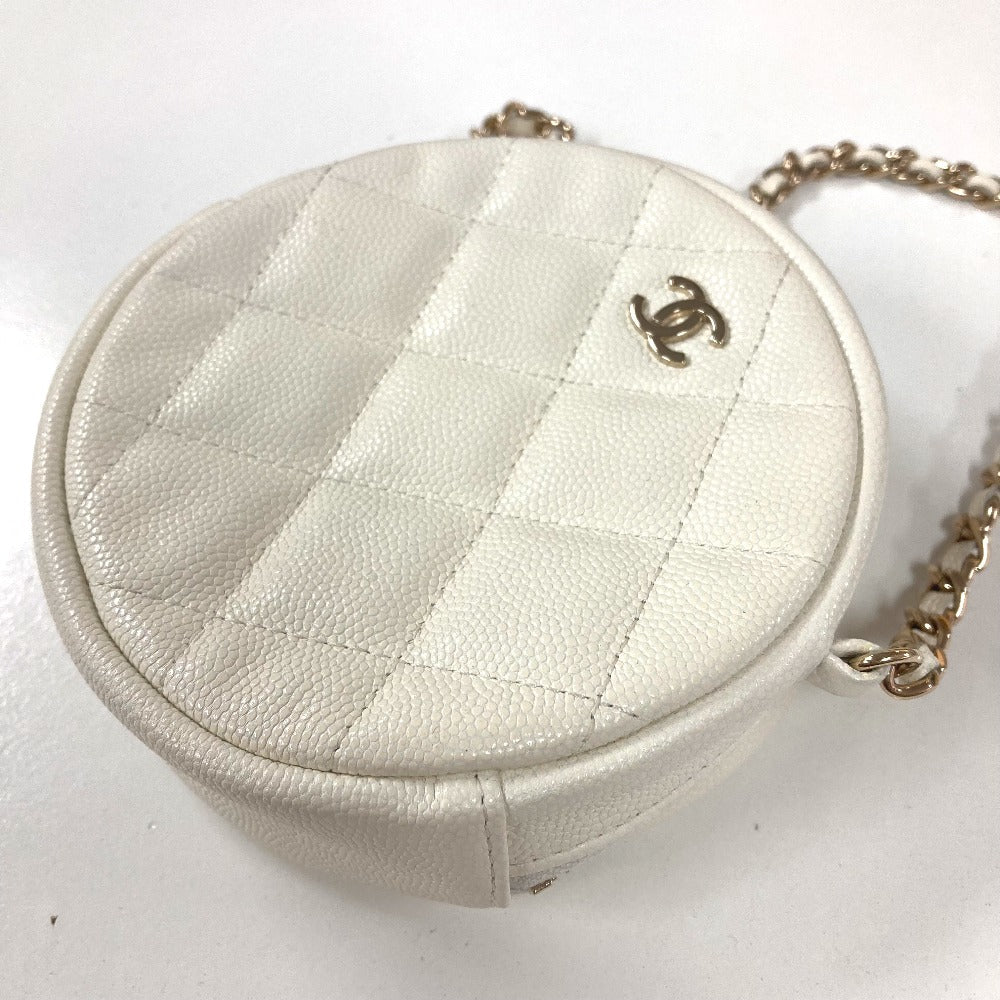 Chanel Shoulder Bag Caviar Skin White Cc Coco Mark Quilted Pochette Matelasse Women Used Authentic