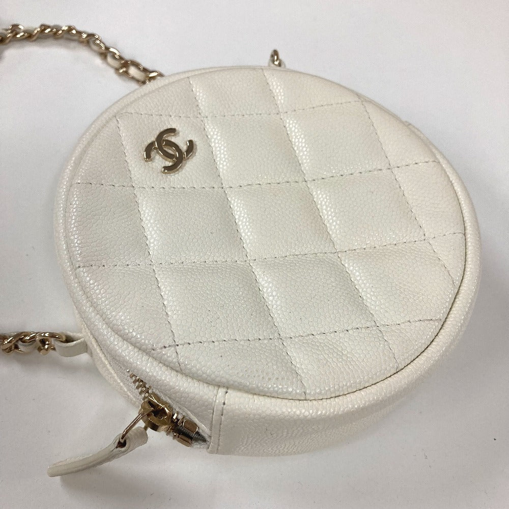 Chanel Shoulder Bag Caviar Skin White Cc Coco Mark Quilted Pochette Matelasse Women Used Authentic