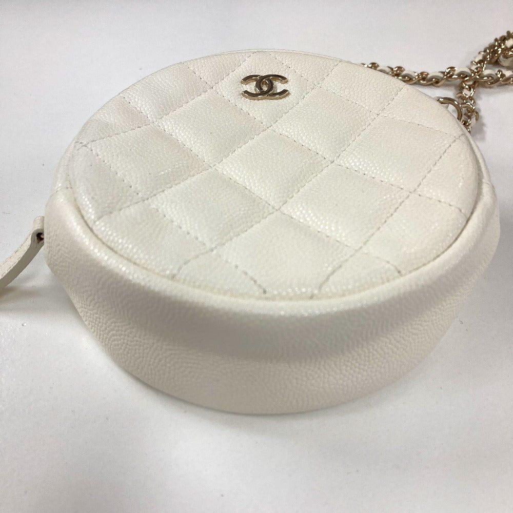 Chanel Shoulder Bag Caviar Skin White Cc Coco Mark Quilted Pochette Matelasse Women Used Authentic