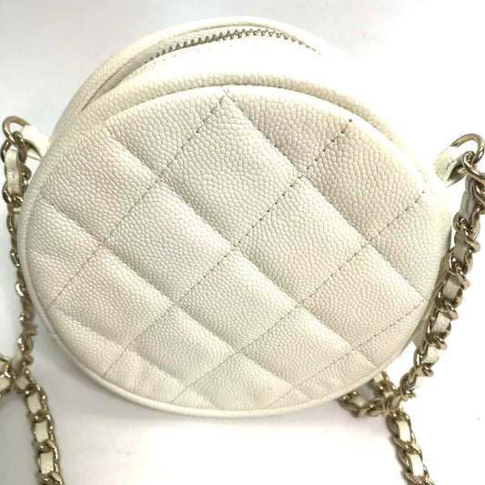 Chanel Shoulder Bag Caviar Skin White Cc Coco Mark Quilted Pochette Matelasse Women Used Authentic