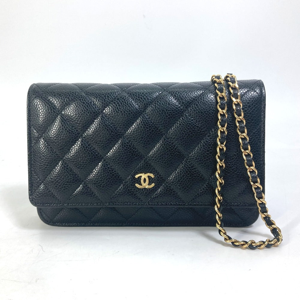 Chanel Shoulder Bag Ap0250 Caviar Skin Black Long Wallet Purse Cc Coco Mark Women Used Authentic