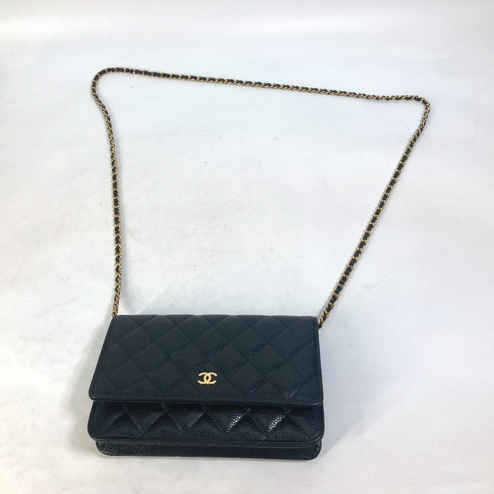 Chanel Shoulder Bag Ap0250 Caviar Skin Black Long Wallet Purse Cc Coco Mark Women Used Authentic