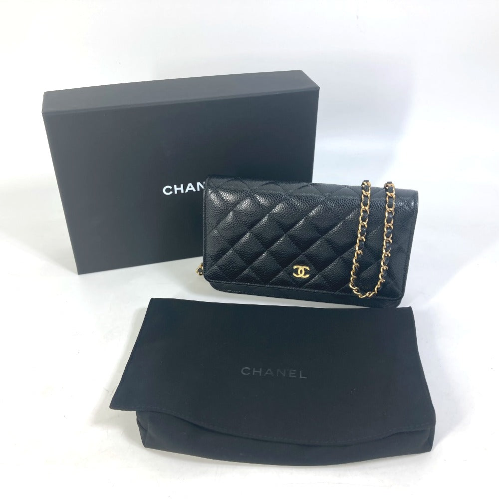 Chanel Shoulder Bag Ap0250 Caviar Skin Black Long Wallet Purse Cc Coco Mark Women Used Authentic