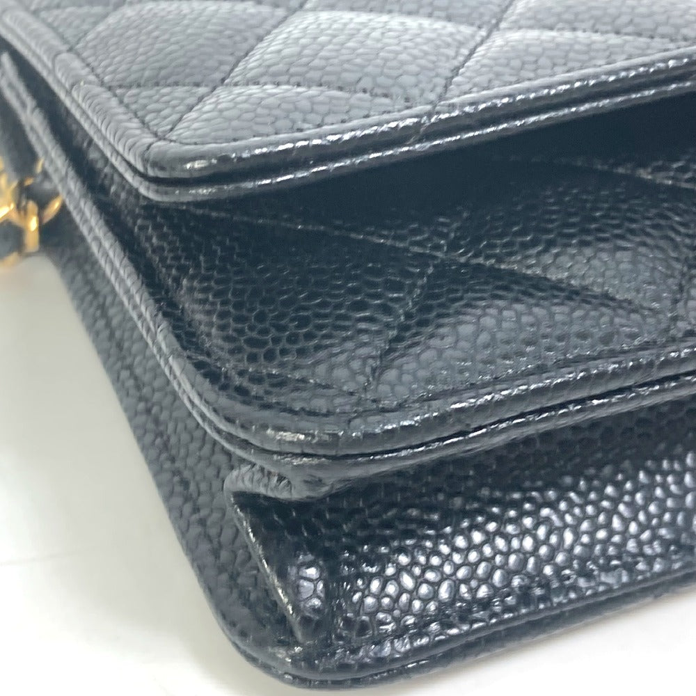 Chanel Shoulder Bag Ap0250 Caviar Skin Black Long Wallet Purse Cc Coco Mark Women Used Authentic