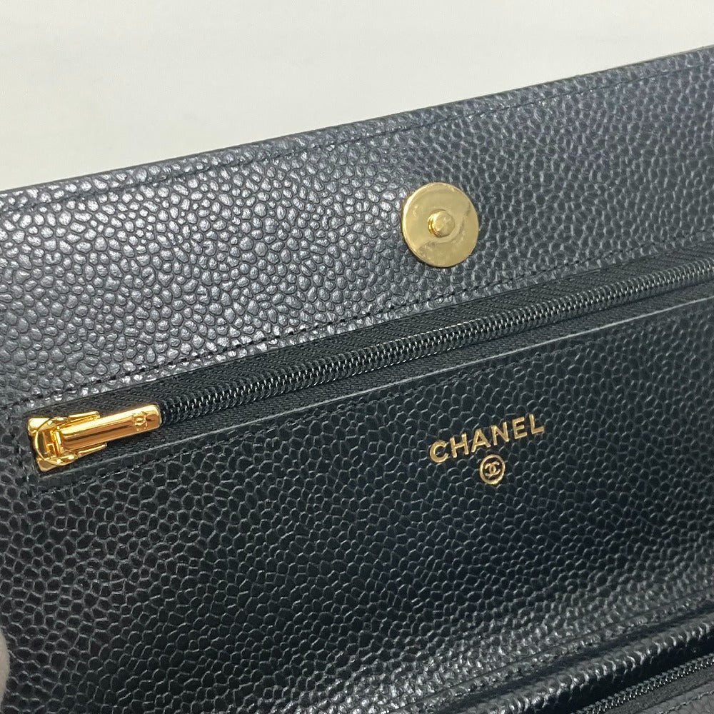 Chanel Shoulder Bag Ap0250 Caviar Skin Black Long Wallet Purse Cc Coco Mark Women Used Authentic