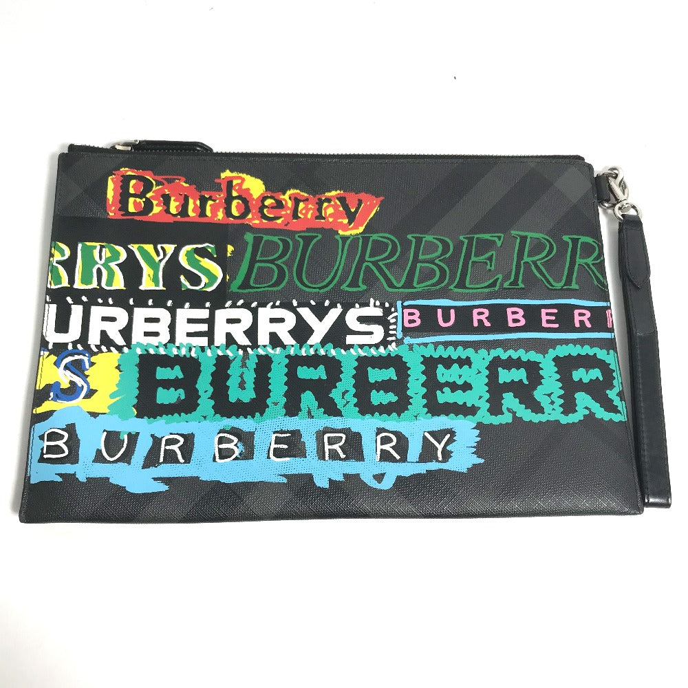 Burberry Clutch Bag Leather Black Graffiti Check Women Secondhand Authentic