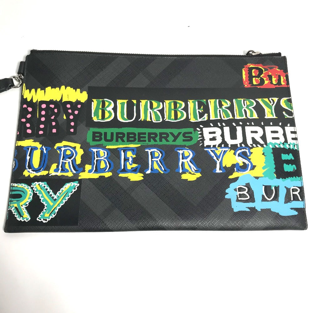 Burberry Clutch Bag Leather Black Graffiti Check Women Secondhand Authentic