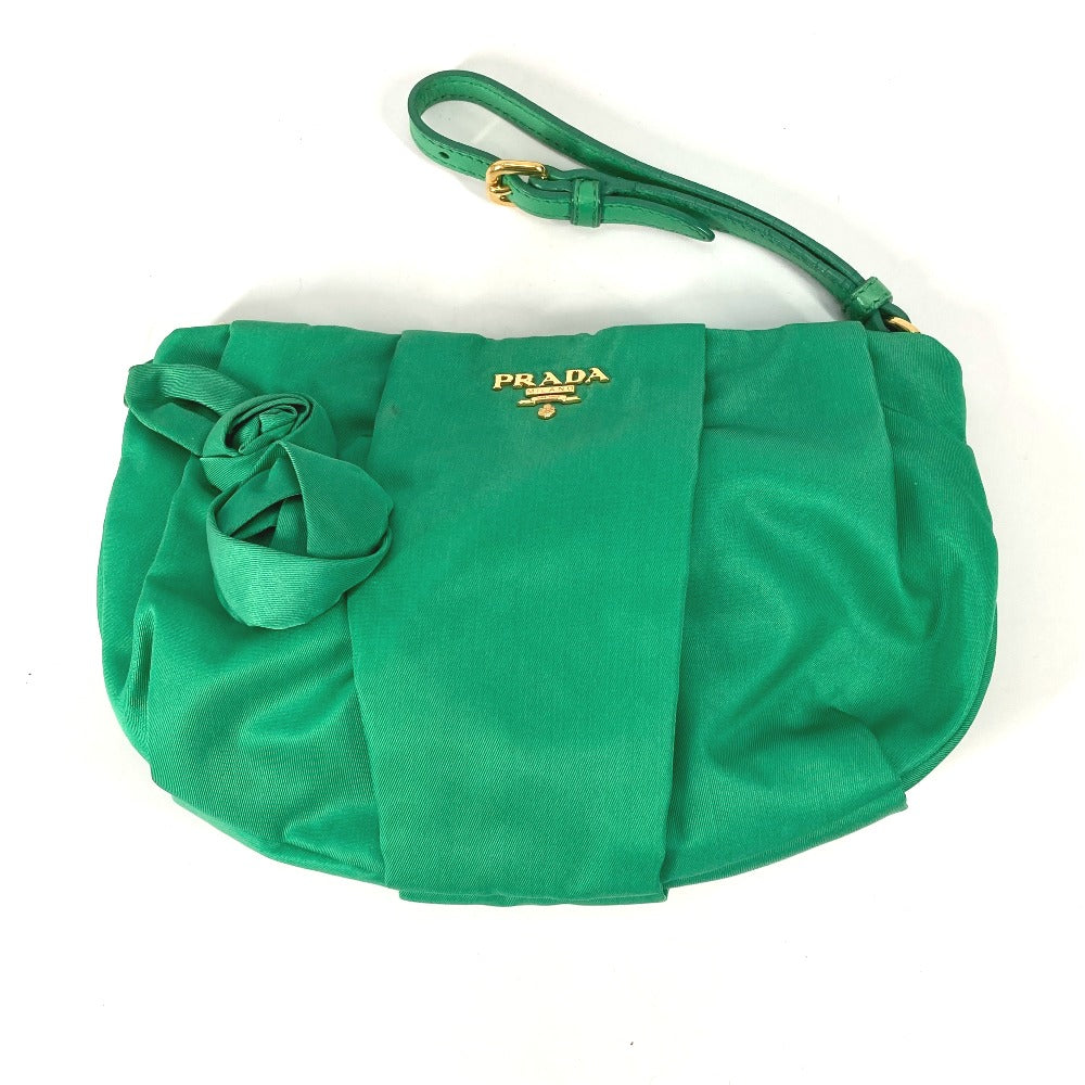 Prada Clutch Bag Nylon Green Cosmetics Pouch Logo Women Secondhand Authentic