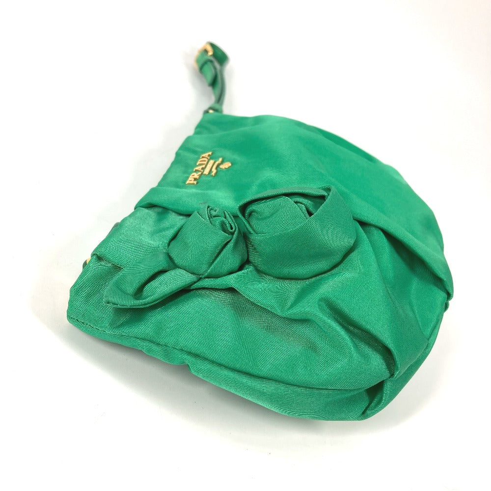 Prada Clutch Bag Nylon Green Cosmetics Pouch Logo Women Secondhand Authentic